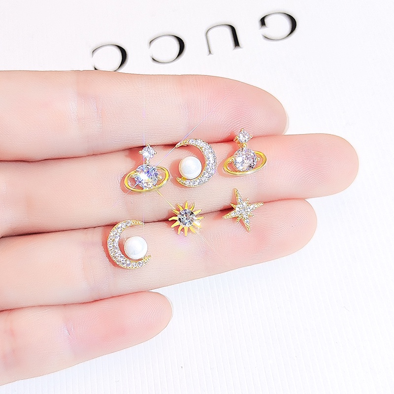 Set 6 khuyên tai JIUDUOLAN thiết kế mặt trăng ngôi sao đính đá nhân tạo nhỏ thời trang lấp lánh đơn giản dành cho nữ