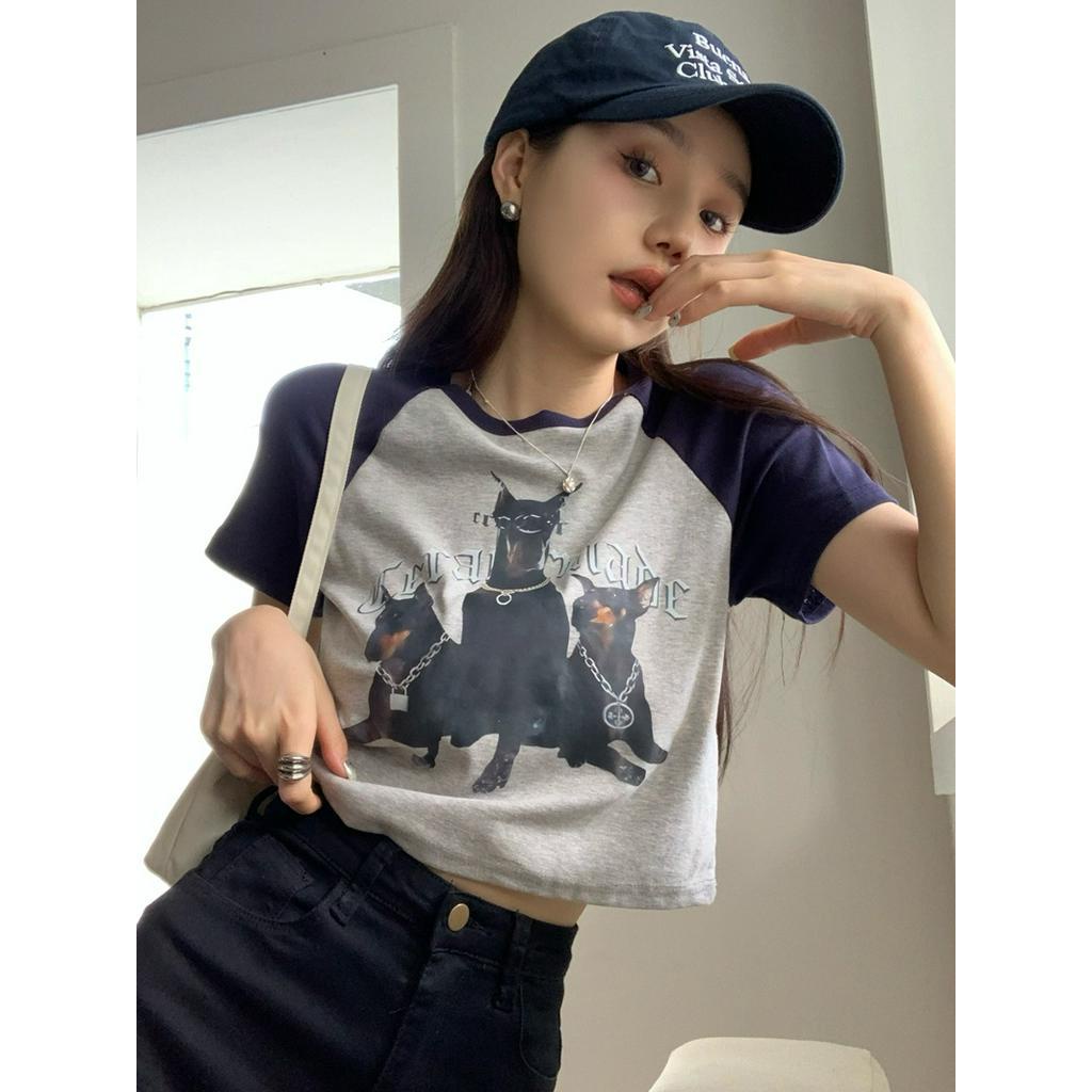 Áo Thun Dáng Ôm Ngắn Tay In Hình Chú Chó Phối Màu Dễ Thương 61241