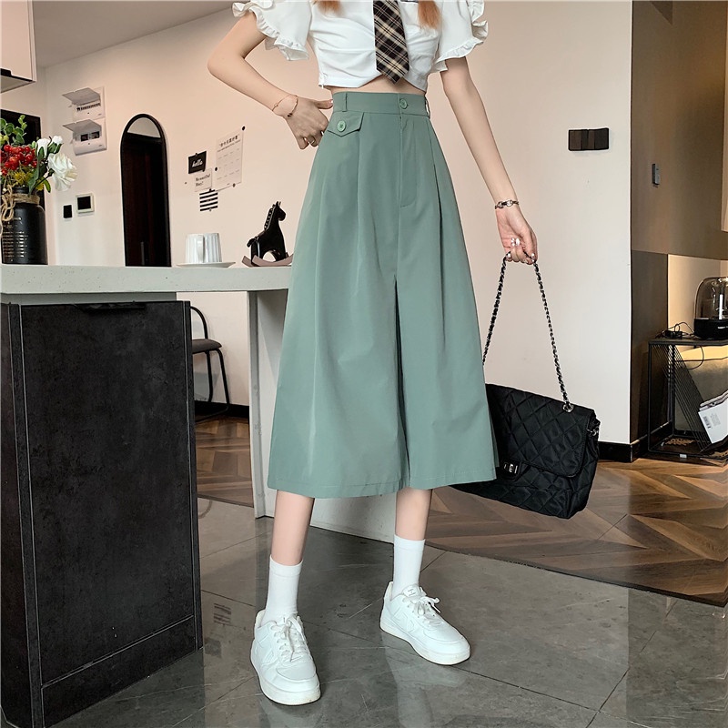 Quần lửng SUXI ống rộng màu trơn đơn giản thời trang mùa hè cho nữ