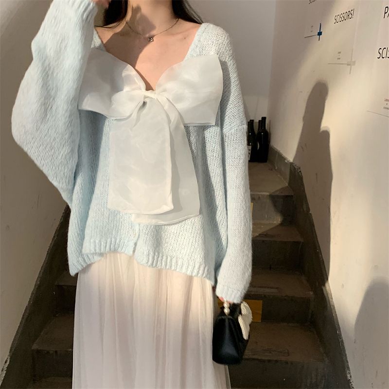 Áo Sweater Tay Dài Phối Nơ Thiết Kế Mới Thời Trang Dành Cho Mùa Thu