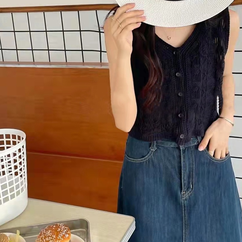 Brroa Áo Khoác Cardigan Dệt Kim Không Tay Cài Nút Họa Tiết Hoa Rỗng Phối Ren Cho Nữ