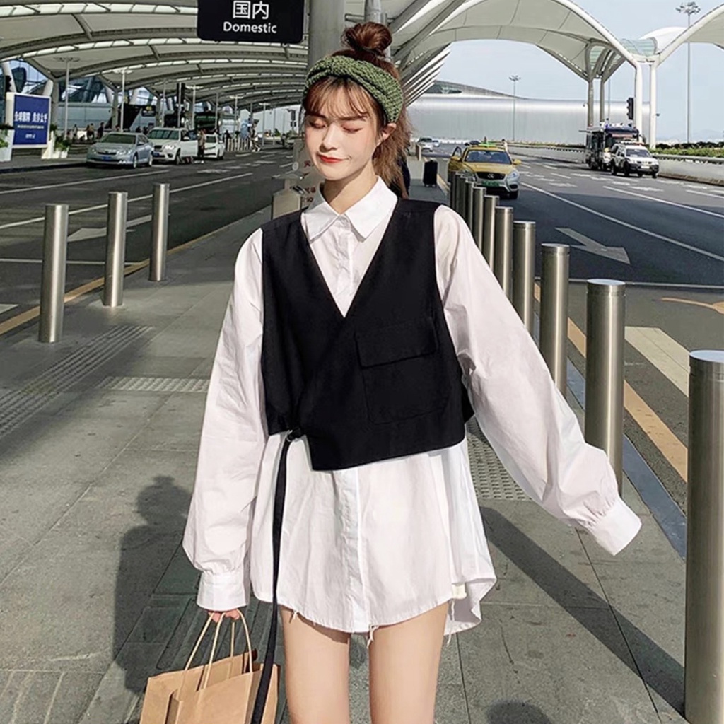 Áo sơ mi Hàn Quốc, Áo sơ mi dáng rộng và yếm gile thắt chéo Ulzzang