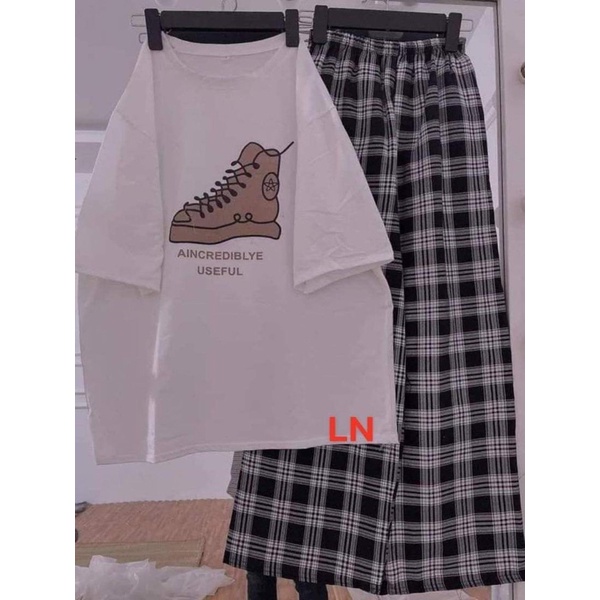 Sét áo trắng in hình + quần kẻ ô TH6