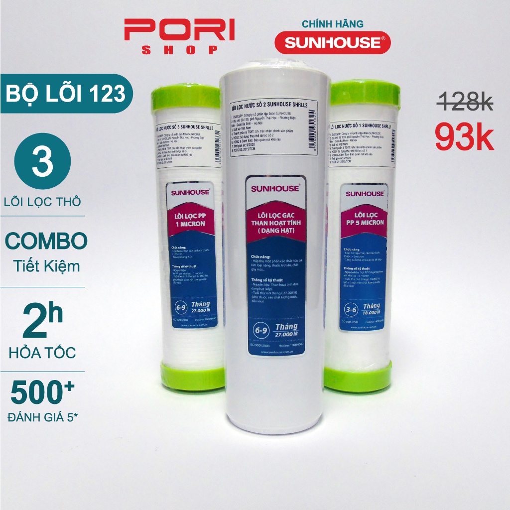 Bộ 3 Lõi Lọc Nước 123 SUNHOUSE Chính Hãng Cho Máy Lọc Nước R.O