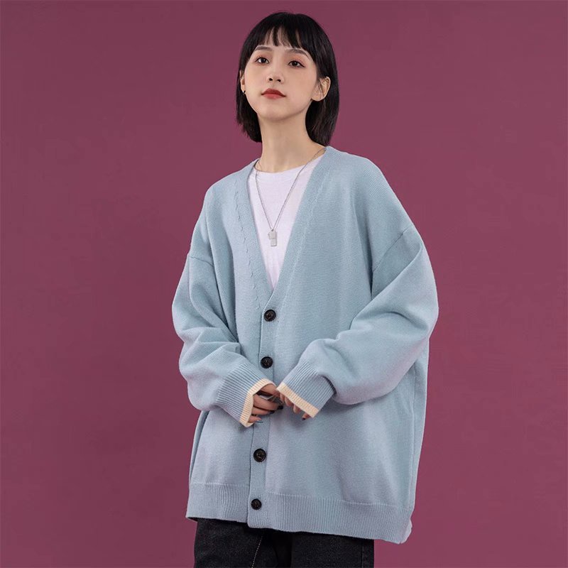 Áo khoác Cardigan dệt kim tay dài cổ chữ V form rộng phong cách Hong Kong