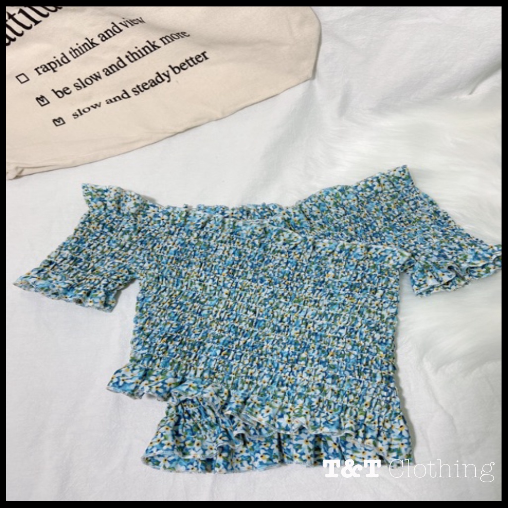 Áo croptop hoa nhún tay ngắn đắp chéo | Áo kiểu nữ Châu Âu 💃By 23t.shop | BigBuy360 - bigbuy360.vn