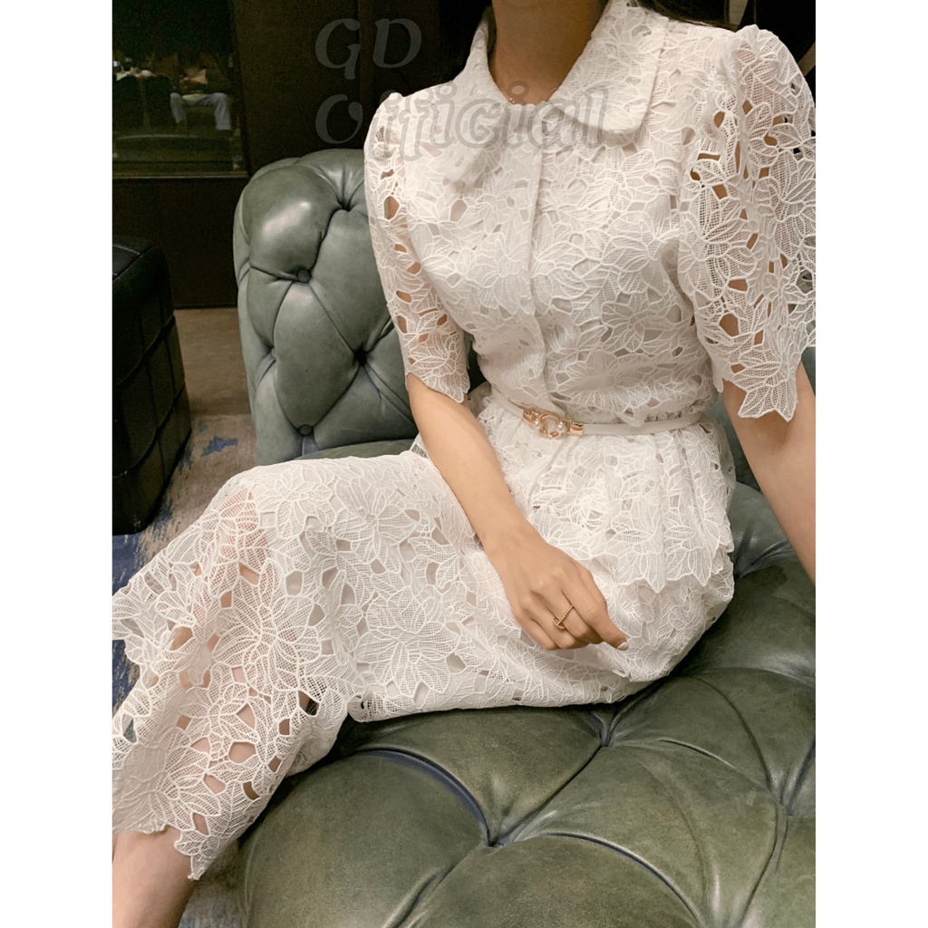 B45|Set bộ nữ sang trọng Hàn quốc áo cổ điển móc ren, váy bút chì cạp lưng cao kèm thắt lưng màu đen, trắng GD Official
