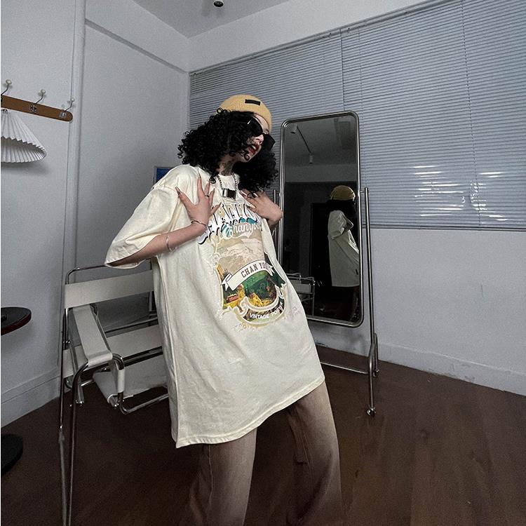 Áo Thun Ngắn Tay Cổ Tròn In Hình Phong Cảnh Thời Trang Nữ