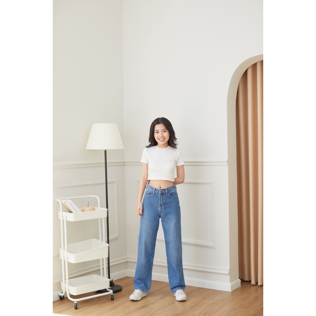 Quần Jeans Nữ Lưng Cao Ống Suông Rộng Màu Xanh Wash Đùi LDL-102B