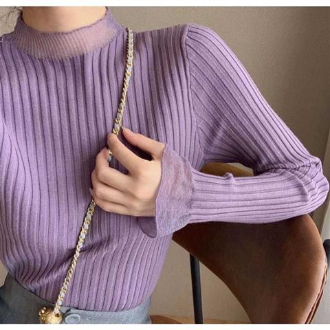 Áo Sweater Dệt Kim Cổ Lọ Tay Loe Phối Lưới Thời Trang Thu Đông Mới Cho Nữ