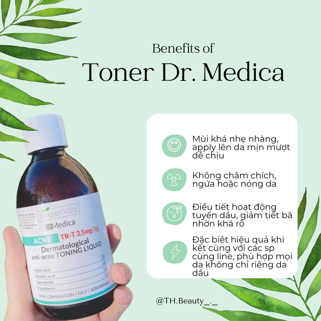 Toner Bielenda Dr Medica Anti-acne Dermatological Toning Liquid làm sạch sâu &amp; dịu da, giảm mụn, kiềm dầu nhờn