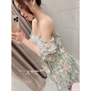 Váy hoa trễ vai hai lớp, chun eo