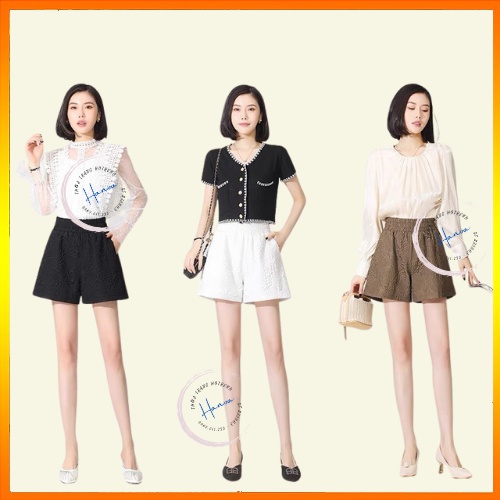 Quần Short Nữ Ống Rộng Phồng Nhẹ Dập Nổi In Hoa 3D Cạp Chun Cao Sang Chảnh Hanva