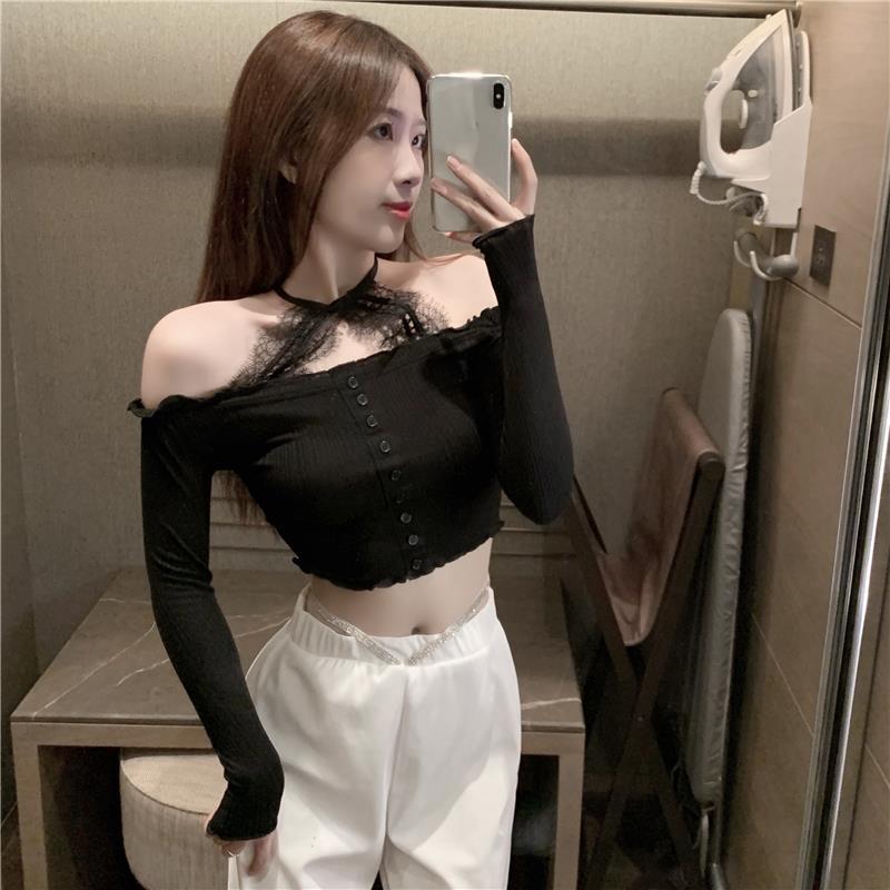 Áo croptop dài tay phối ren trễ vai quyến rũ cho nữ