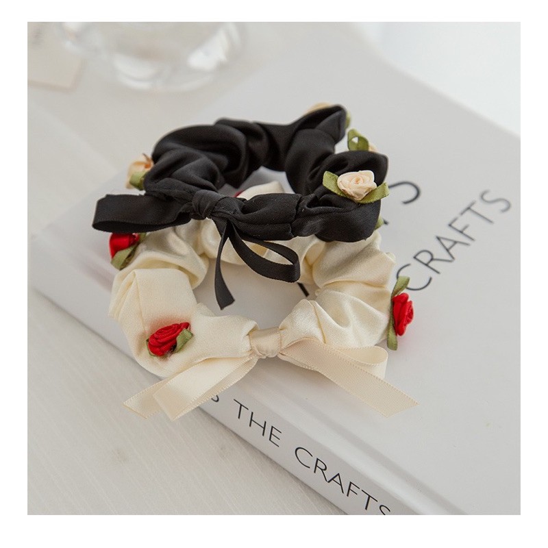 Cột tóc scrunchies lụa Hàn Quốc đính nơ và hoa hồng, phụ kiện tóc dễ thương