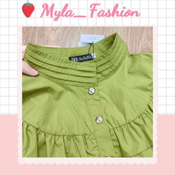 Áo sơ mi xếp ly viền bèo cổ vintage, áo sơ mi cốm ngọc xinh xắn