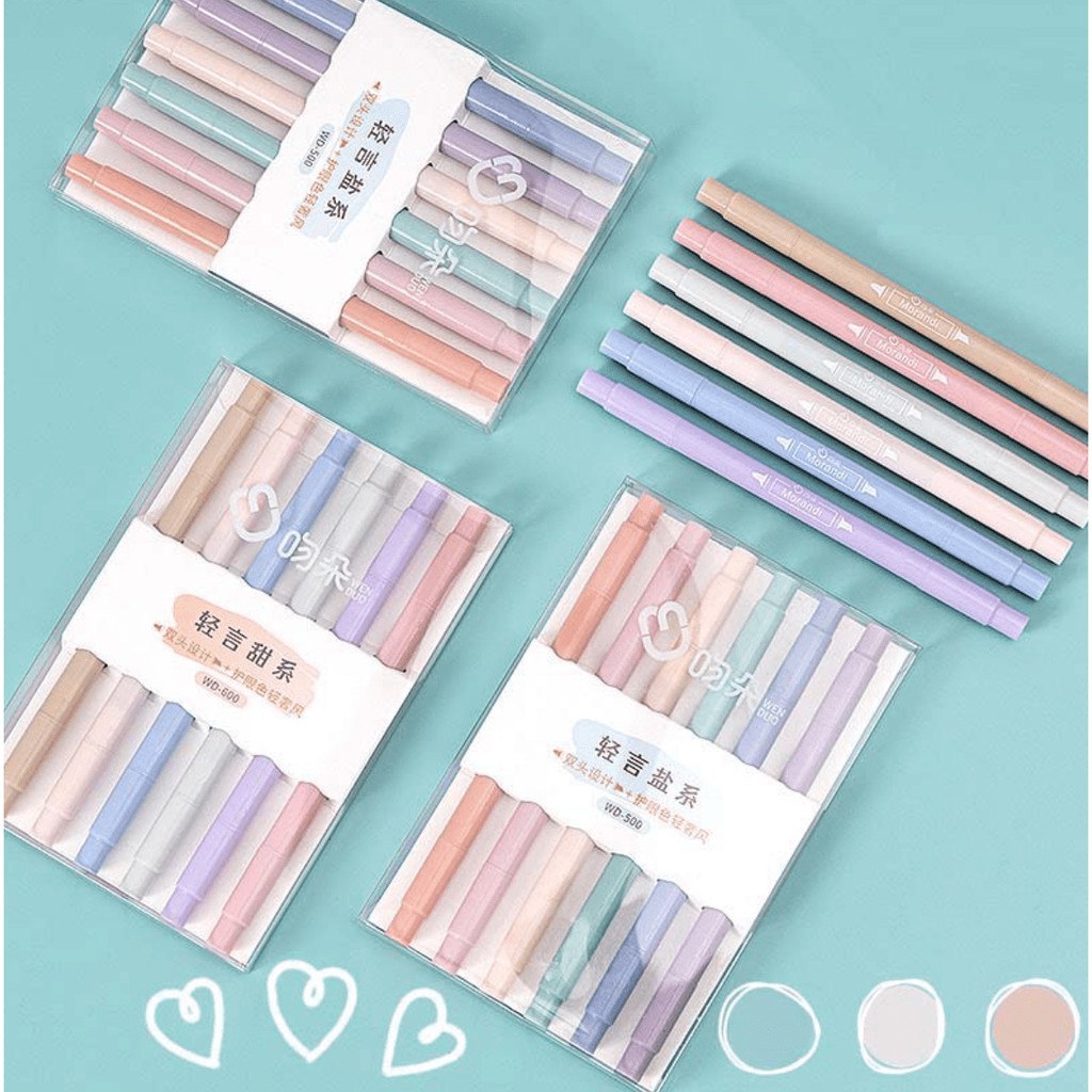 Bộ 6 Bút Highlight 2 Đầu VỎ TRÒN Pastel Morandi - Set 6 Bút Dạ Highlight Retro