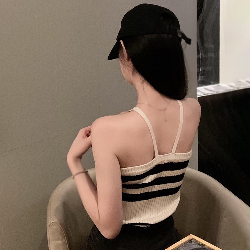 Áo Hai Dây Dệt Kim Dáng Ôm Kẻ Sọc Hở Lưng Thời Trang Quyến Rũ Cho Nữ