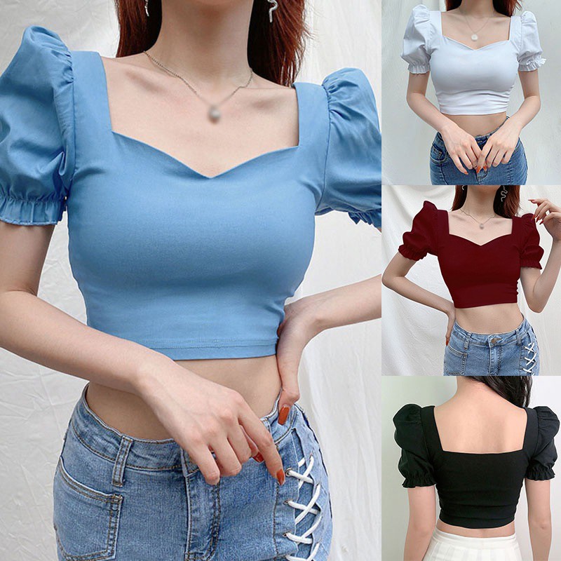 Áo Crop Top Tay Phồng Cổ Vuông Màu Trơn Dễ Thương Dành Cho Phụ Nữ