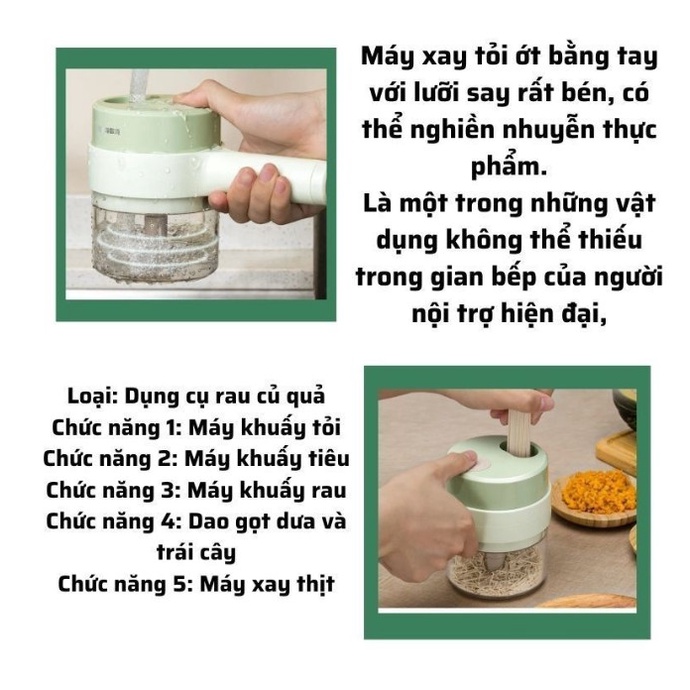 Máy thái lát rau củ thực phẩm máy xay cầm tay sạc điện 3 in 1 nghiền tỏi ớt cắt rau gia vị màu xanh bạc hà mẫu mới 2022
