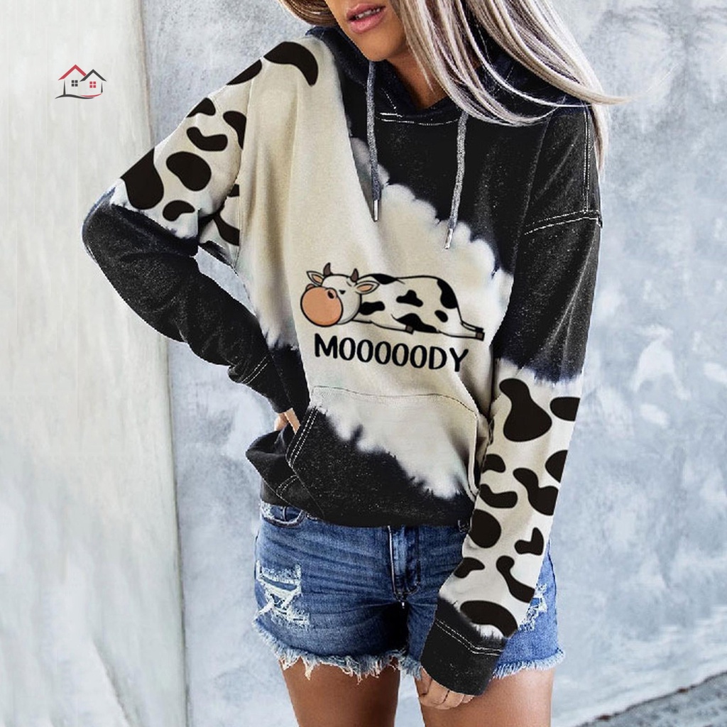 Áo Hoodie Tay Dài In Họa Tiết Bò Sữa Dễ Thương Thời Trang Thu Đông Cho Nữ