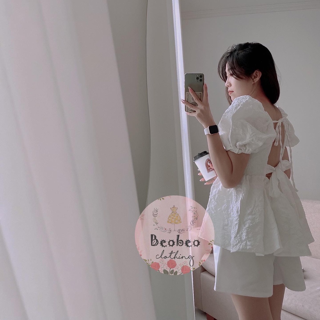Set áo babydoll gấm cổ u tay phồng kèm quần short dễ thương