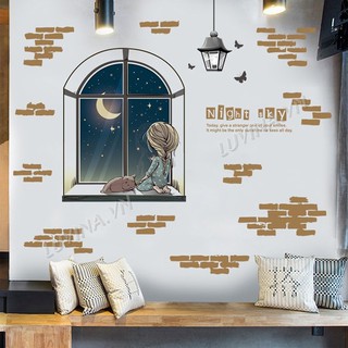 Decal dán tường trang trí phòng khách, phòng ngủ, phòng ăn,quán cafe - Cô gái  ngắm trăng