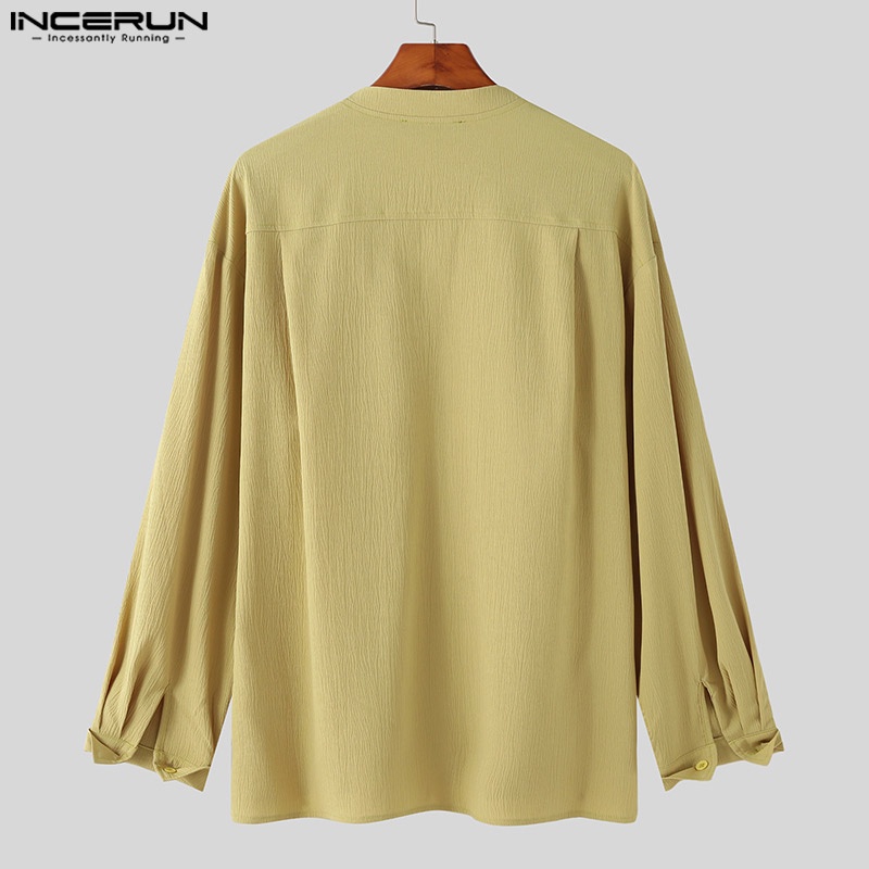 Áo sơ mi INCERUN tay dài cổ chữ V màu trơn có nút cài thời trang cho nam