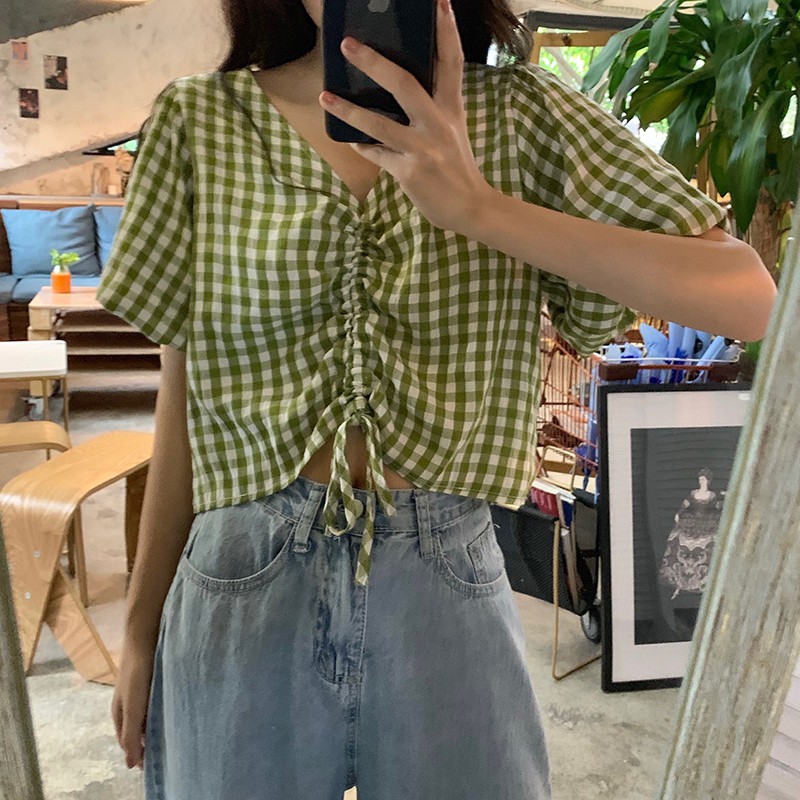 Áo dây rút cổ v kẻ cho nữ Yoomeclothing [ ẢNH THẬT SHOP CHỤP]