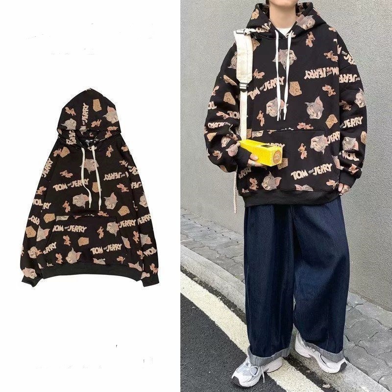 (ảnh thật, full size) Áo hoodie ulzzang có mũ nỉ lót lông hoạt hình tom and jerry unisex