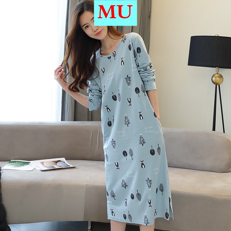 Đầm ngủ cotton tay dài dáng rộng phong cách Hàn Quốc thời trang thu đông cho nữ 2021