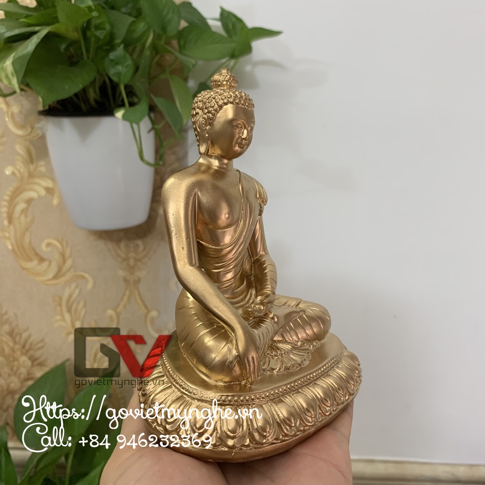 Tượng Đức phật Thích ca ngồi thiền ấn trên tòa sen trang trí phòng thờ | Màu Nhũ Đồng - Chiều cao 14cm