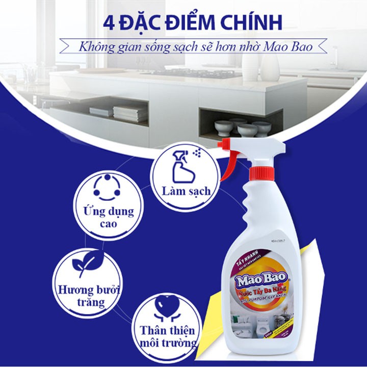 Nước Tẩy Đa Năng Mao Bao 600ml tẩy nhà bếp, tẩy vết ố, tẩy dầu mỡ, gỉ sét trên mặt kính, gạch men, mùi thơm tươi mát