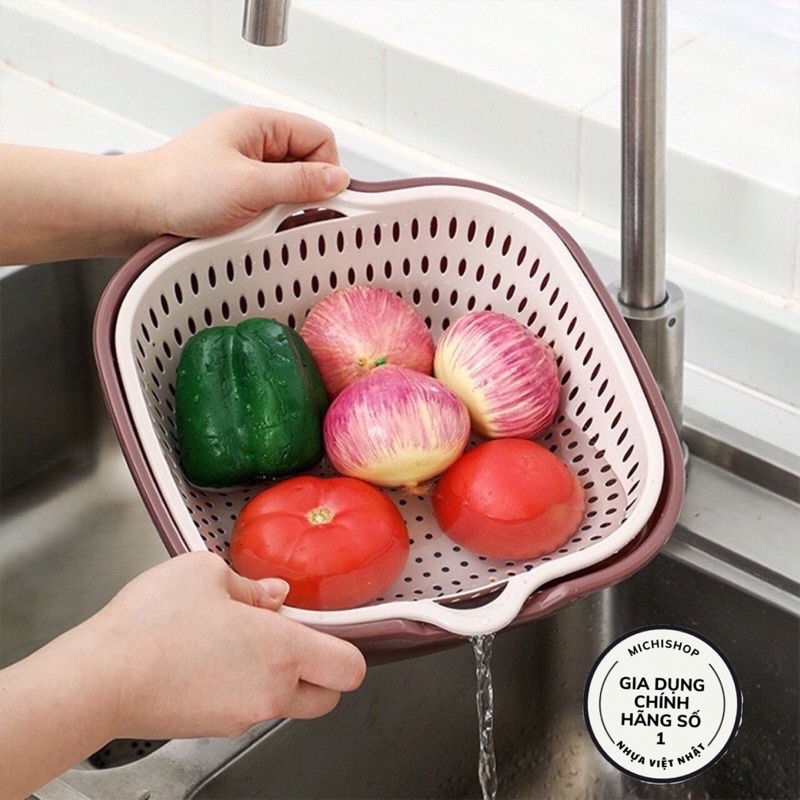 Bộ Thau, Rổ 2 Lớp Vuông 6 Món Nhựa Việt Nhật Mẫu Mới, Bộ Rổ Kèm Chậu Hứng Nước Rau Củ Nhà Bếp