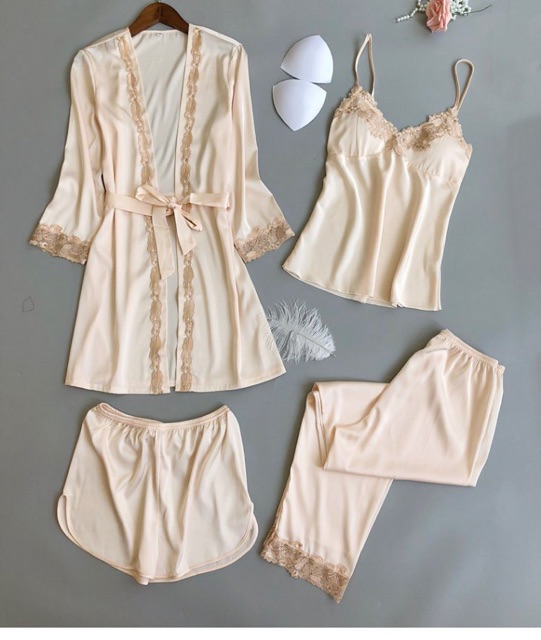 Sx265-1 combo set 4 món - đồ ngủ lụa satin phối ren -KellyWang