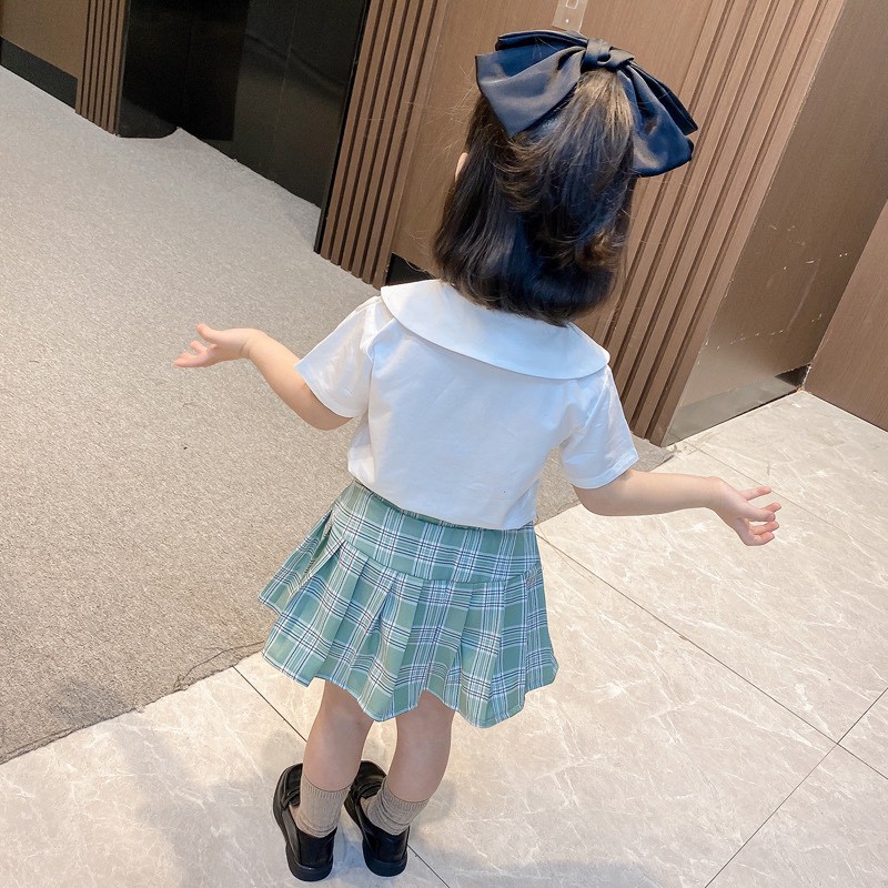 Váy Bé Gái, Set áo sơ mi + chân váy bé gái kiểu nữ sinh đáng yêu