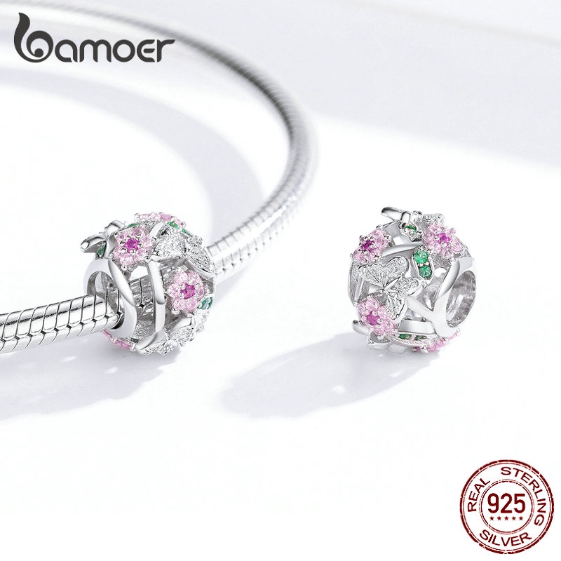 Mặt trang sức Bamoer BSC116 bằng bạc 925 thiết kế họa tiết hoa/bướm đính đá xinh xắn DIY