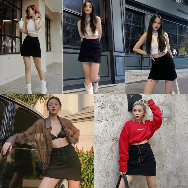 Chân váy B&amp;W Shirt Chất jeans váy lưng cao màu trắng và đen tôn vòng 3 co giãn nhẹ có quần bên trong kèm ảnh thật