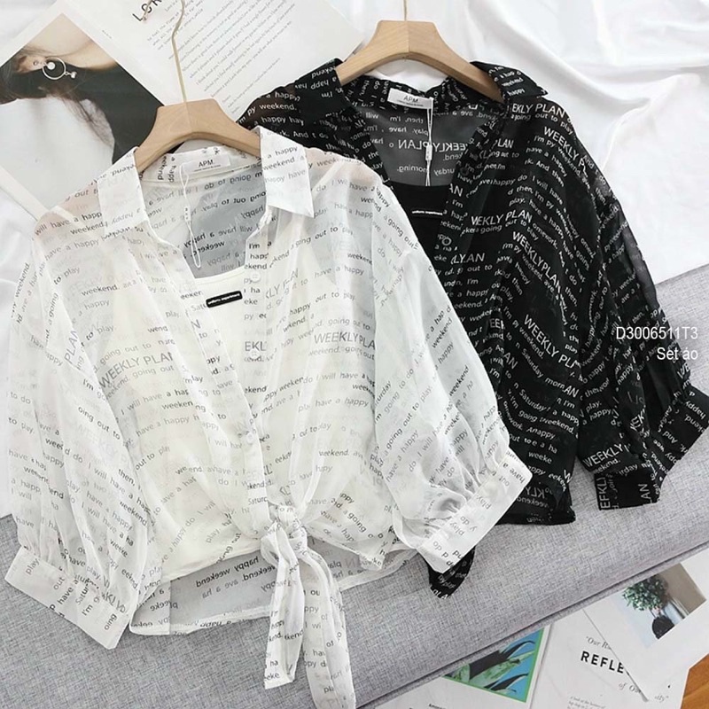 Set áo sơ mi họa tiết chữ vạt buộc nơ kèm áo lót