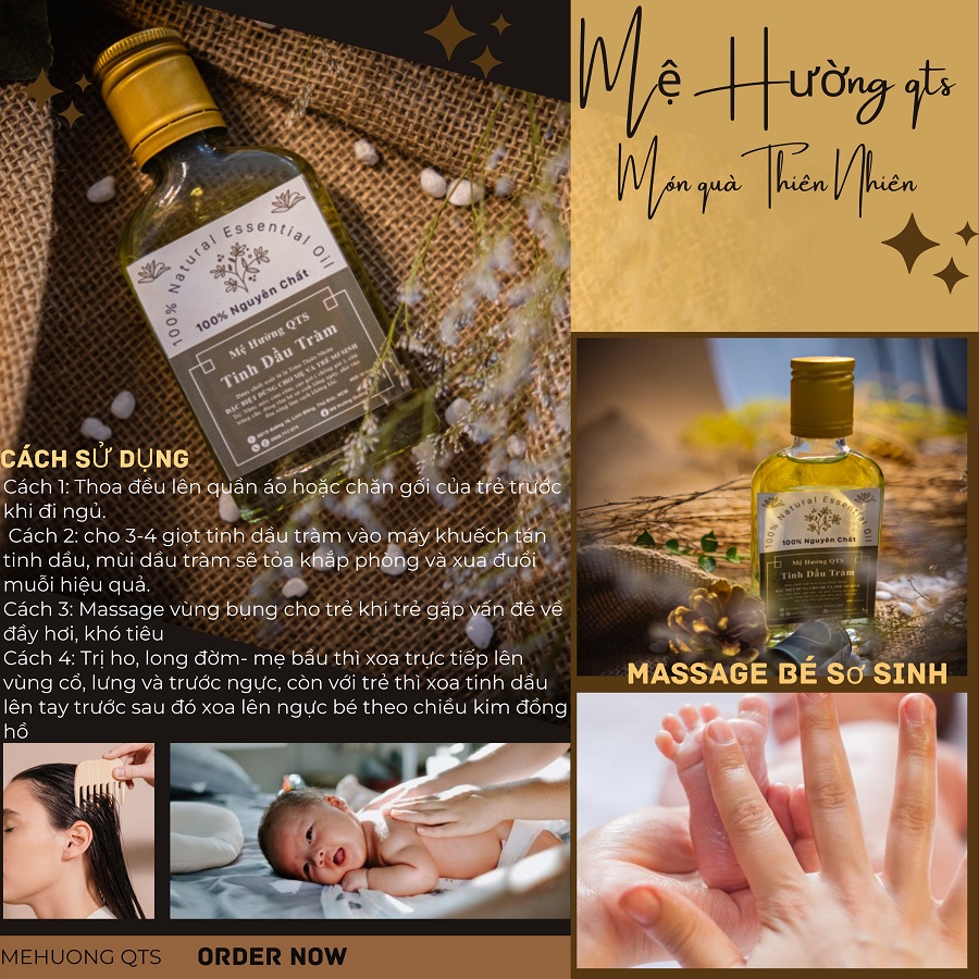Tinh dầu tràm huế nguyên chất nhà nấu cho bé sơ sinh chống gió tắm Mệ Hường QT 10ml, 100ml