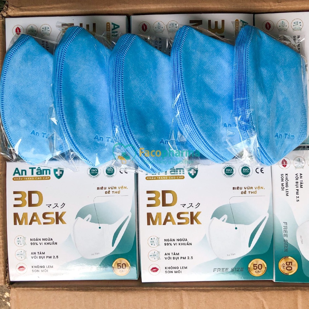 Khẩu trang 3d mask kháng khuẩn ngăn bụi mịn dây đeo mềm mại thoải mái chính hãng An Tâm hộp 50 cái AT3D50O