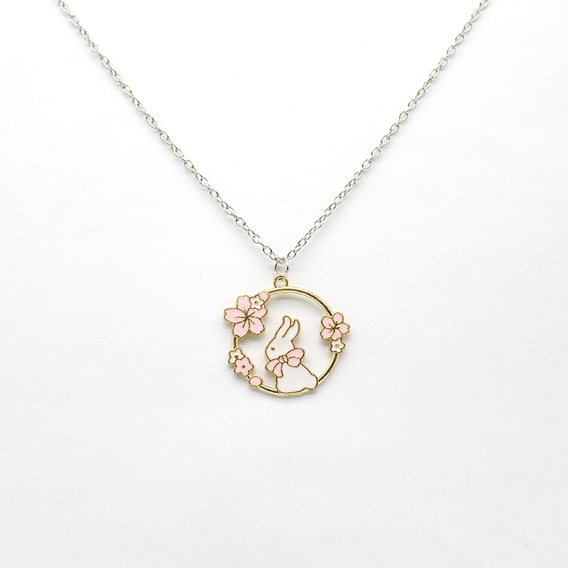 Vòng cổ Mặt Hình Mèo / Thỏ / Hoa Anh Đào Khoét Rỗng Màu Hồng Dễ Thương