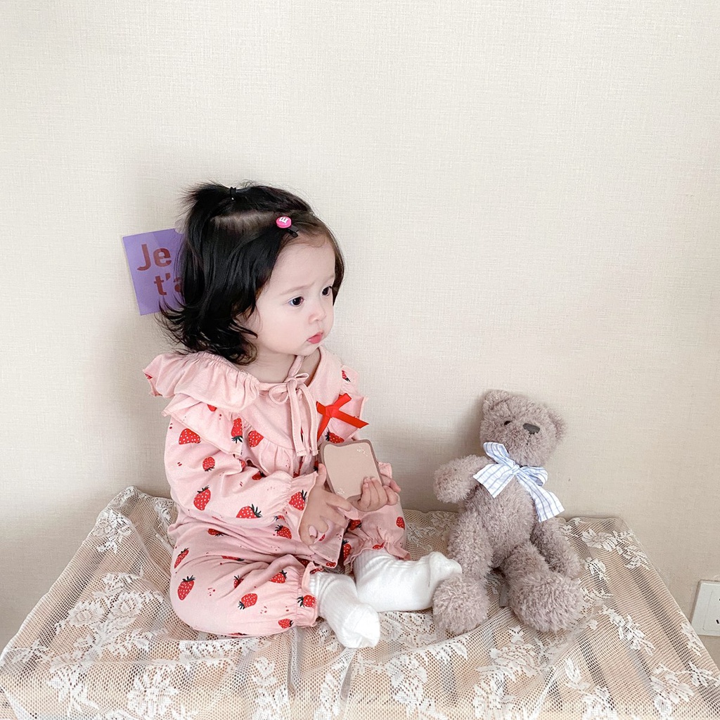 Áo Liền Quần Tay Dài Chất Liệu Cotton In Họa Tiết Dâu Tây Xinh Xắn Cho Bé Gái Sơ Sinh 023