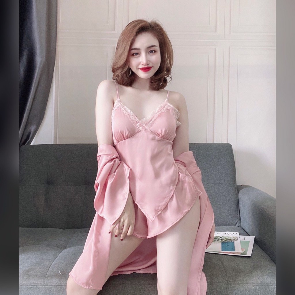 [𝐅𝐫𝐞𝐞 𝐒𝐡𝐢𝐩] Set ngủ lụa 3 món cao cấp MunMunStore áo choàng kimono + Yếm + quần mềm mại quyễn rũ ( phom dưới 62kg)