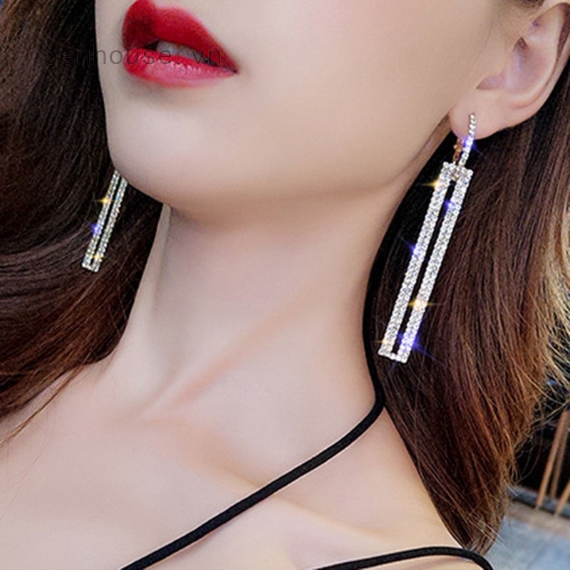 Khuyên tai dài đính đá phong cách Hàn Quốc thanh lịch cho nữ