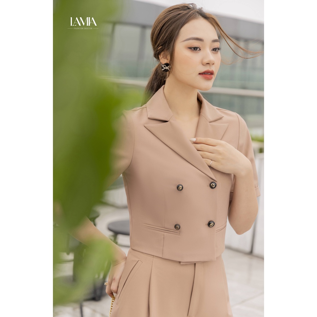 Set áo vest nữ croptop màu nâu be Lamia Design LE088