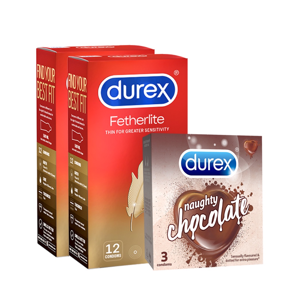 Bộ 2 hộp bao cao su Durex Fetherlite siêu mỏng (52.5 mm, 12 bao/hộp) và 1 hộp Durex Naughty Chocolate (52mm, 3 bao/hộp)