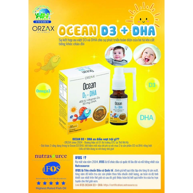 [Nhập khẩu] ORZAX OCEAN D3+DHA bổ sung Vitamin D3 giúp tăng cường hấp thu canxi, bổ sung DHA tốt cho não