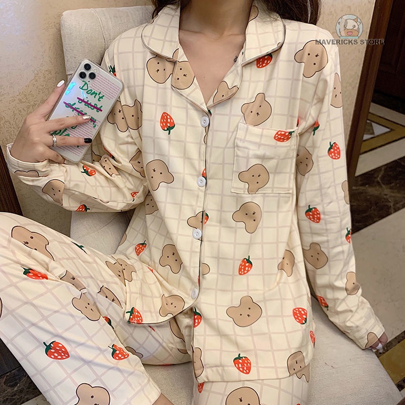 Bộ đồ ngủ tay dài in hình gấu và dâu tây dễ thương phong cách Hàn Quốc thời trang mùa thu cho nữ