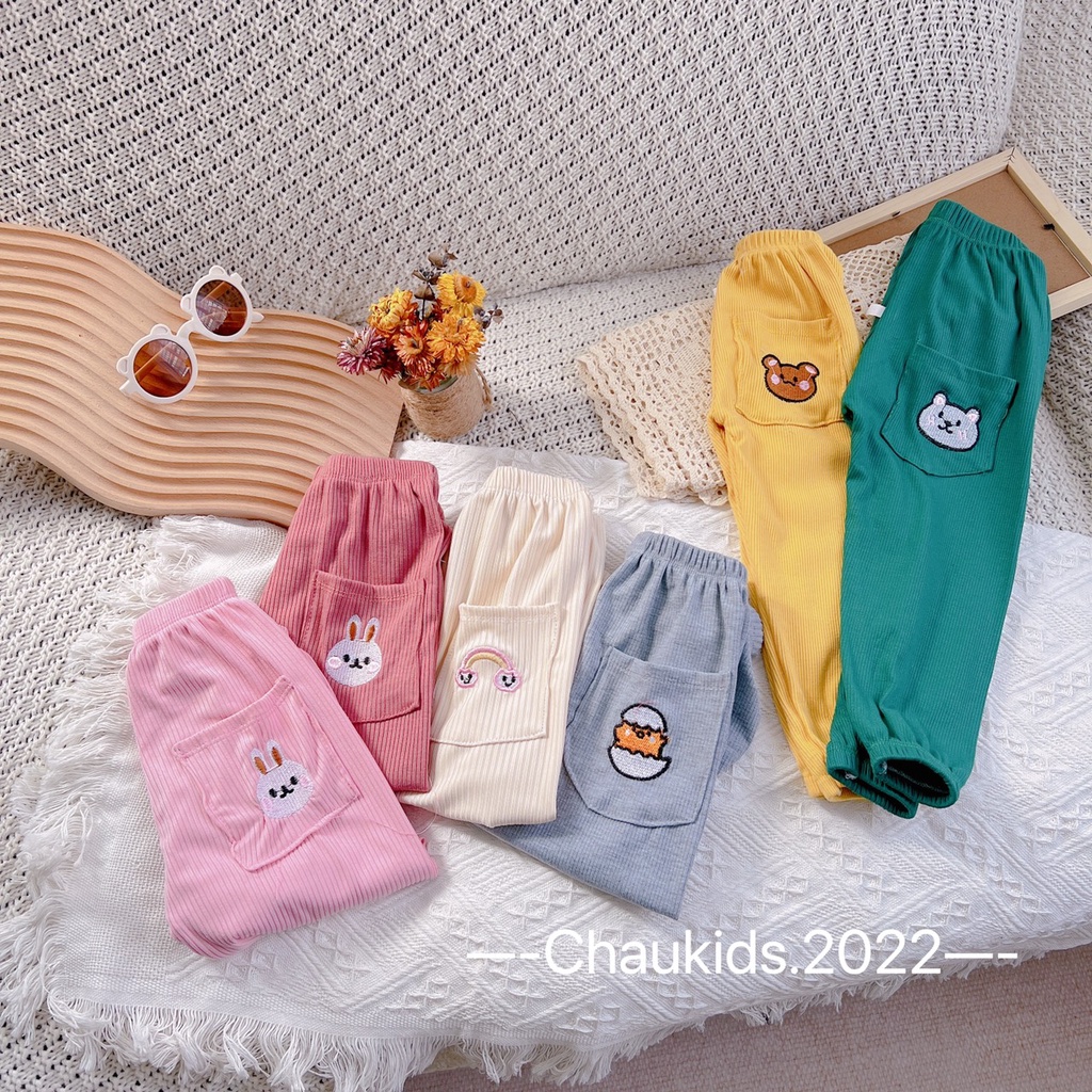 Quần dài cho bé gái, bé trai, quần tăm mềm mại mặc mùa thu thêu đắp hình thú dễ thương
